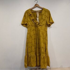 Orange Creek Golden mustard Floral Midi Dress short sleeve pockets size M